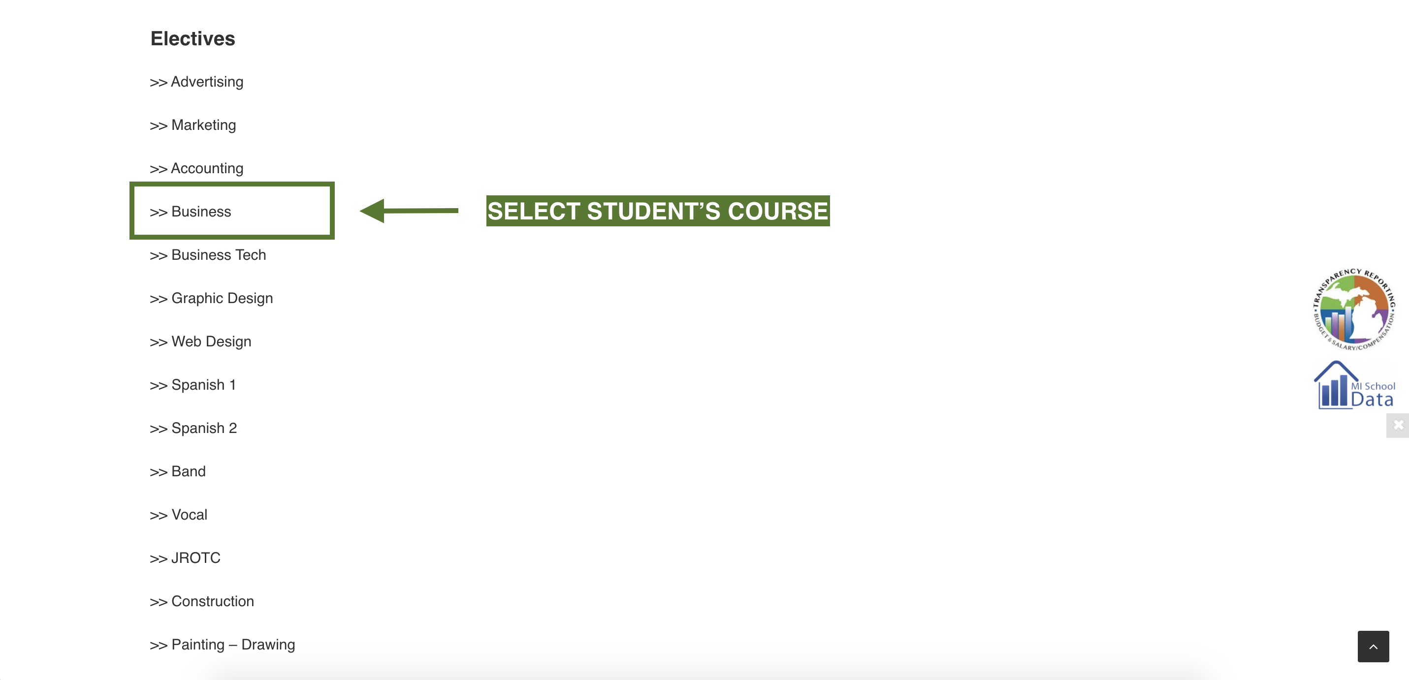 Course Selection Directions Screenshot