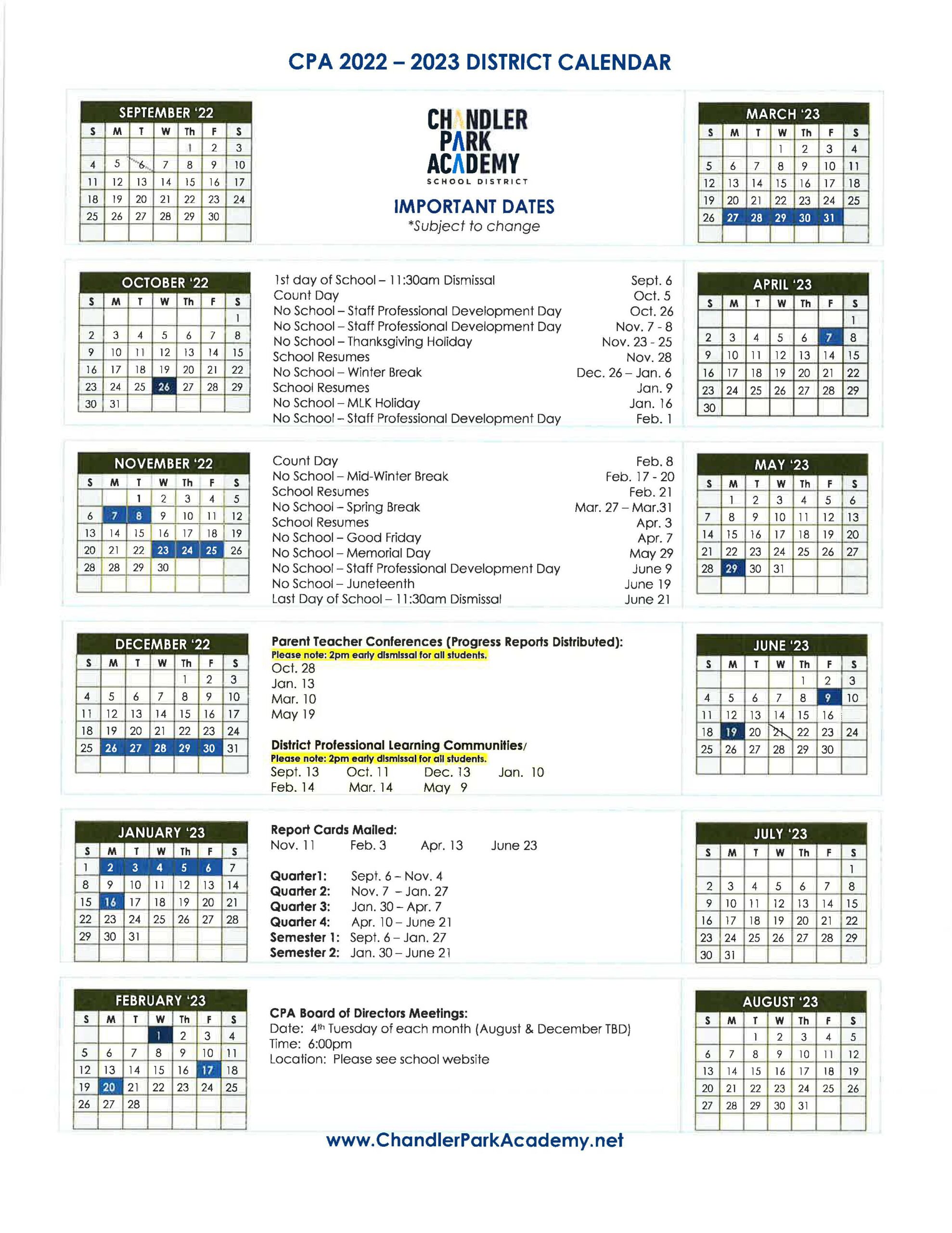 District Calendars Chandler Park Academy District